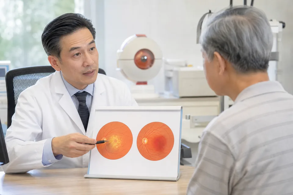 眼科醫師說明黃斑部病變乾性與濕性差異示意