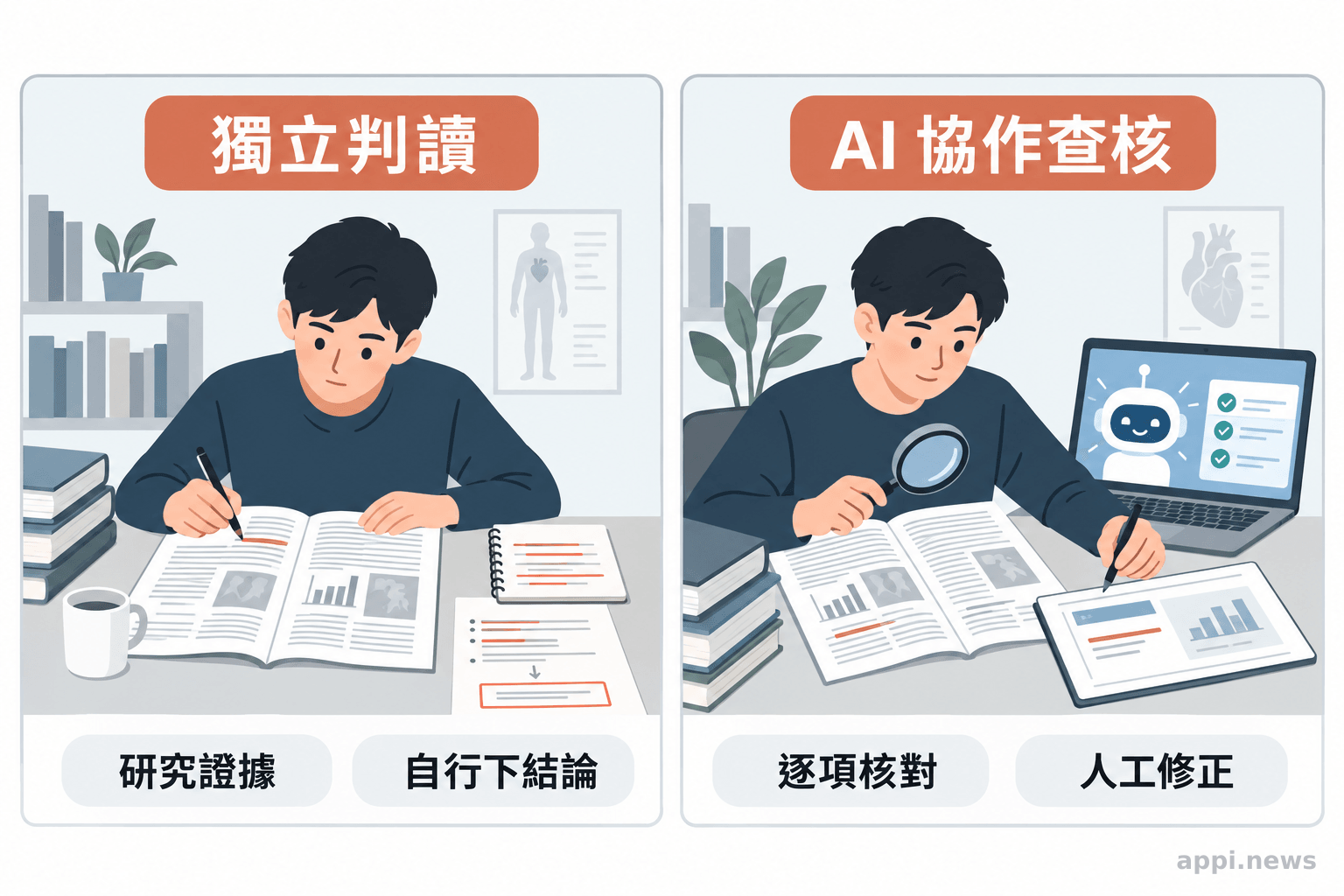 左右並列學生獨立判讀研究,以及使用 AI 後逐項對照證據並人工修正簡報