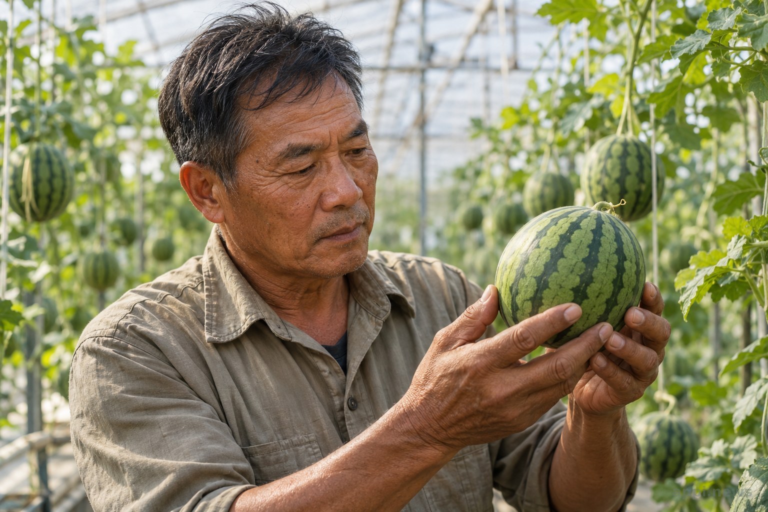 台灣溫室中，農民手持迷你西瓜，周圍可見藤蔓與懸掛的果實
