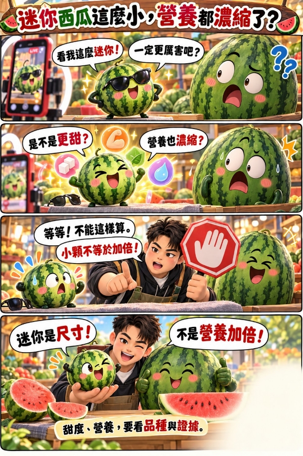 迷你西瓜大小與營養迷思圖，呈現小顆不等於更甜、營養加倍