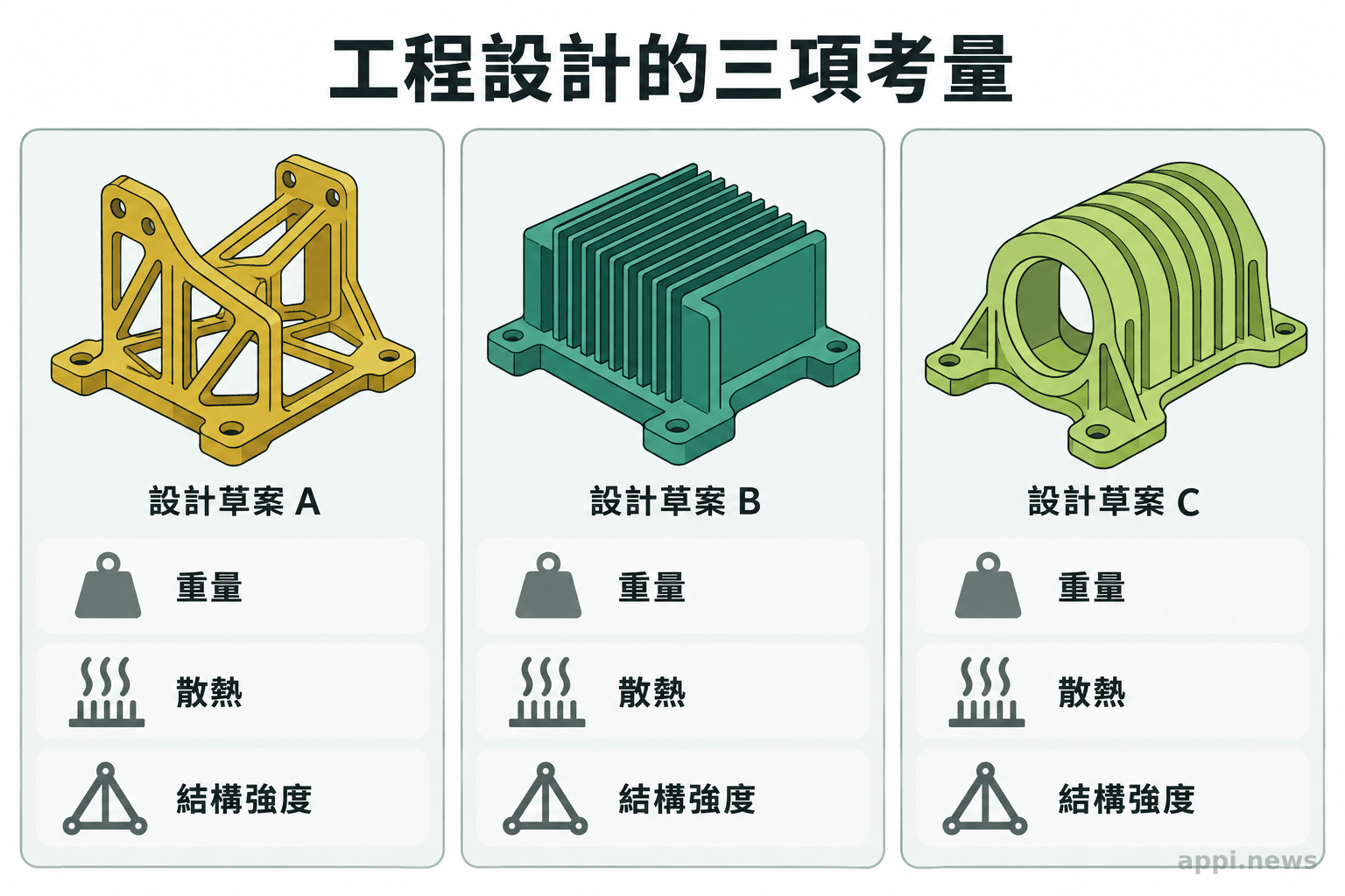 三種不同的工業零件設計草案，下方並列重量、散熱與結構強度圖示。