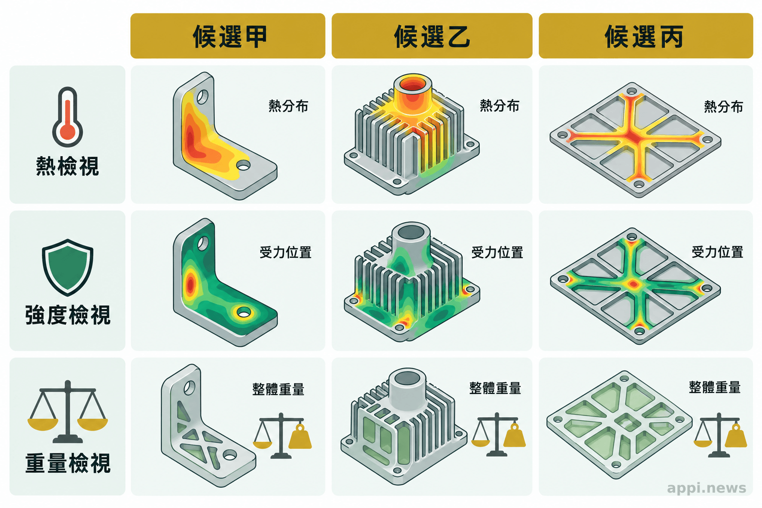 數個工業零件設計候選方案旁,分別以色彩標示熱、結構應力與重量的檢視面向。