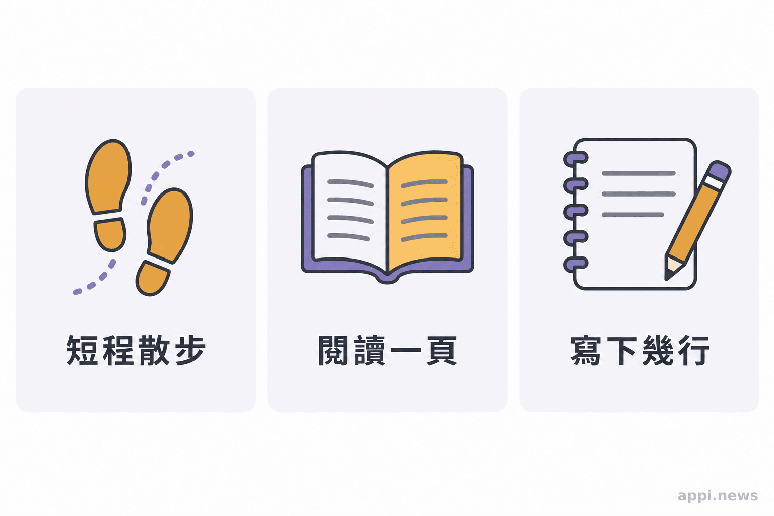 三個並列小畫面呈現短程散步、閱讀一頁書與寫下幾行文字