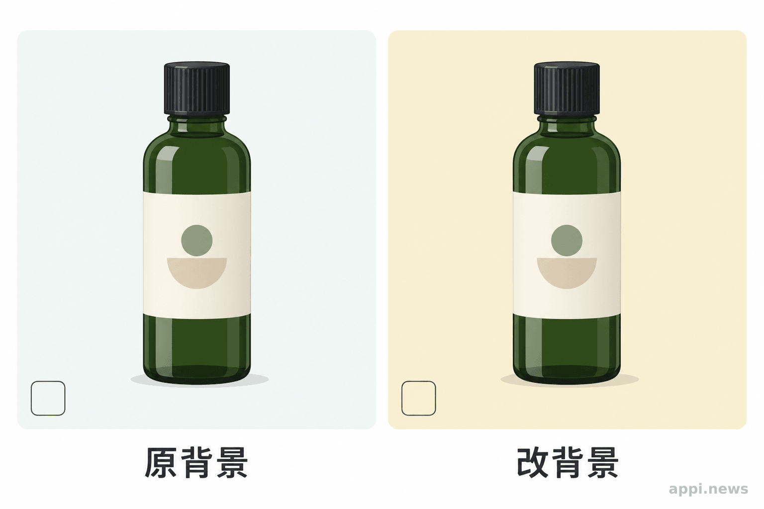 同一件商品的兩張影像並列,編輯後背景改色,商品外形、標籤與光影相近