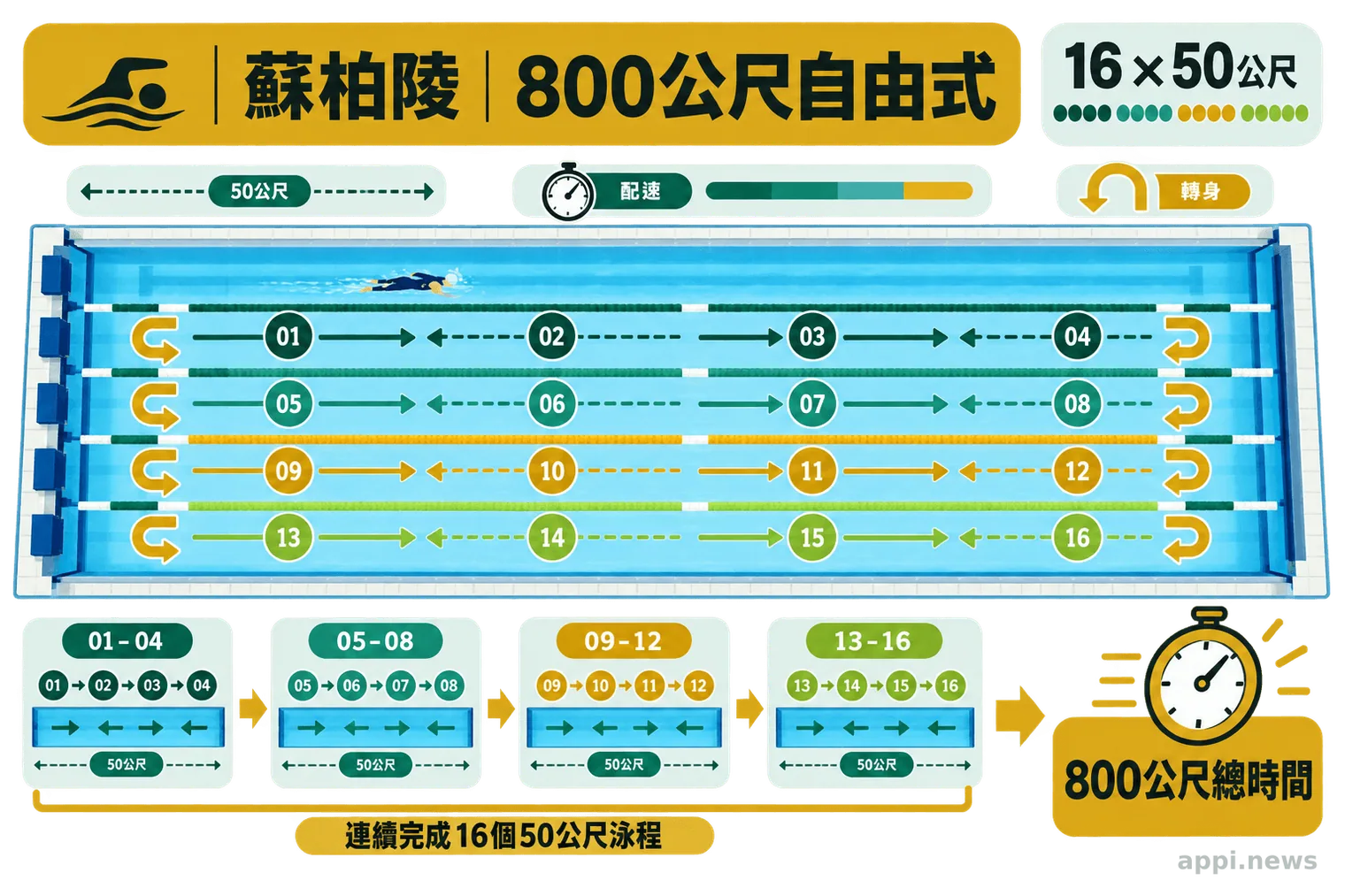 示意圖以泳池方向箭頭呈現800公尺自由式由16個50公尺泳程連續完成，並標示反覆轉身與配速