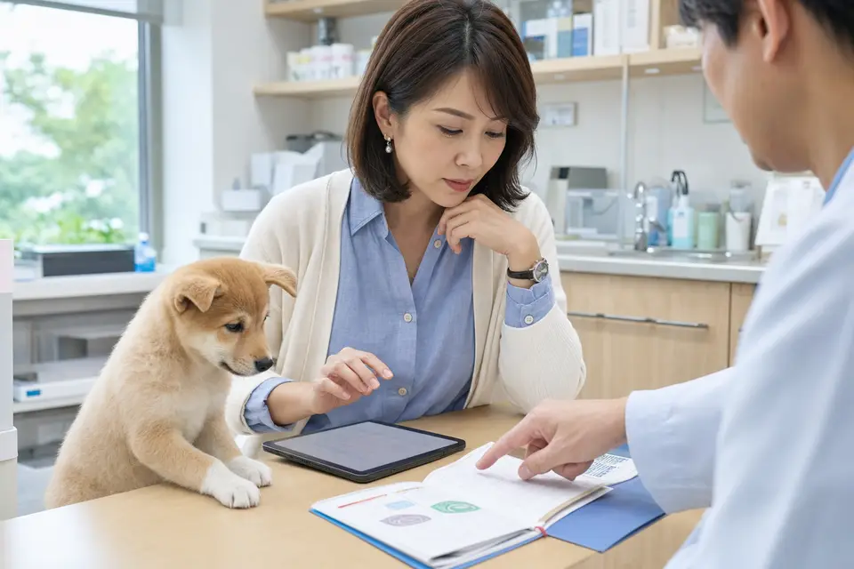 幼犬疫苗手冊與網路時間表放在桌上,提醒飼主不要自行套用時程