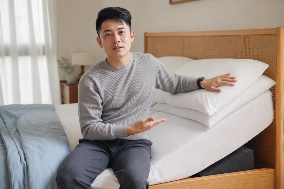 床頭墊高的睡姿示意,枕頭與床墊墊高的角度