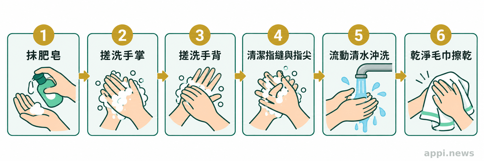 圖示依序呈現抹肥皂、搓洗手掌與手背、清潔指縫和指尖、沖水及擦乾雙手。