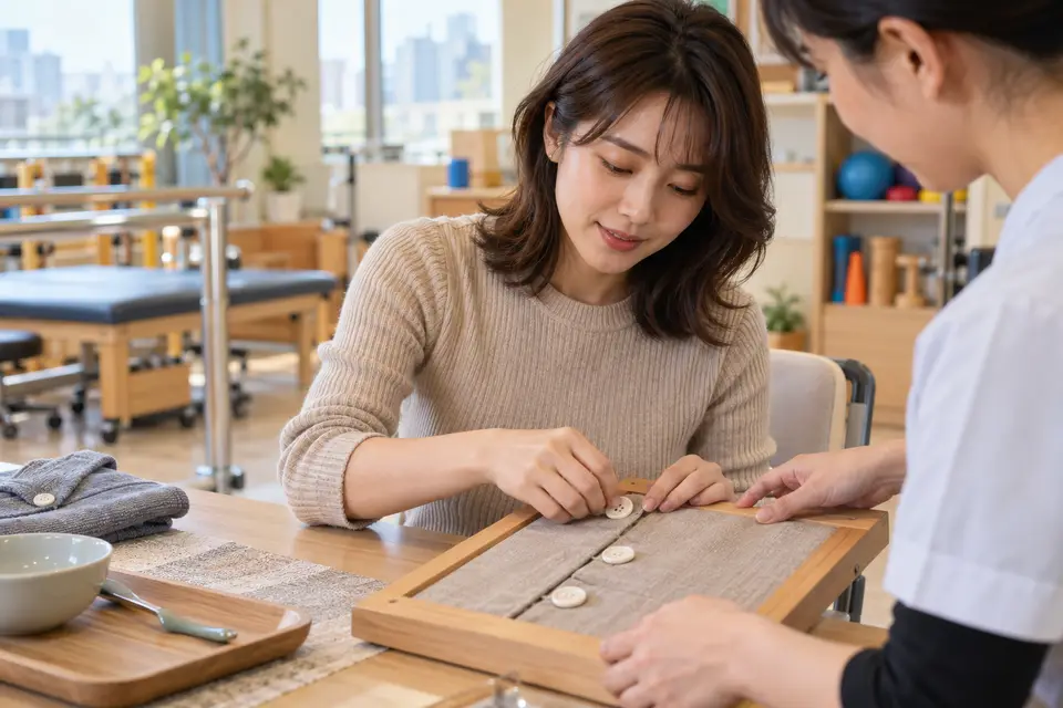 手部活動訓練器材與日常用品擺在工作桌上，呈現活動練習如何連結生活目標。