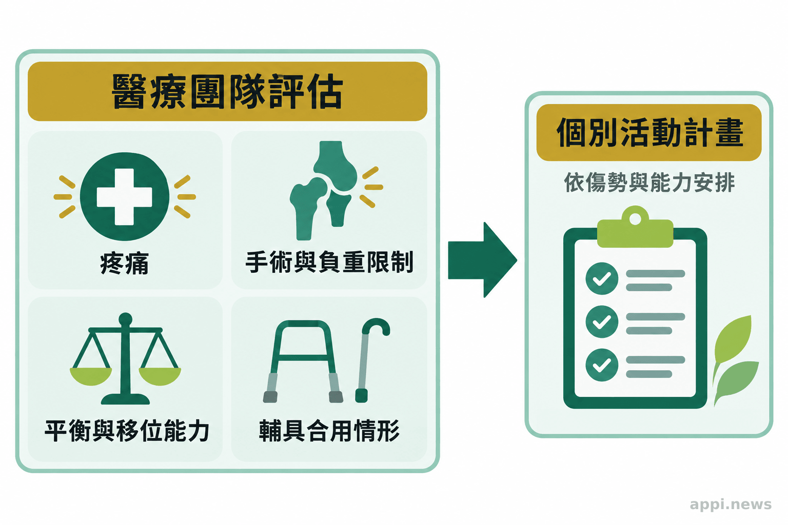 圖示以箭頭連接醫療團隊評估疼痛、手術與負重限制、平衡及輔具合用情形，再依個別狀況安排活動計畫。