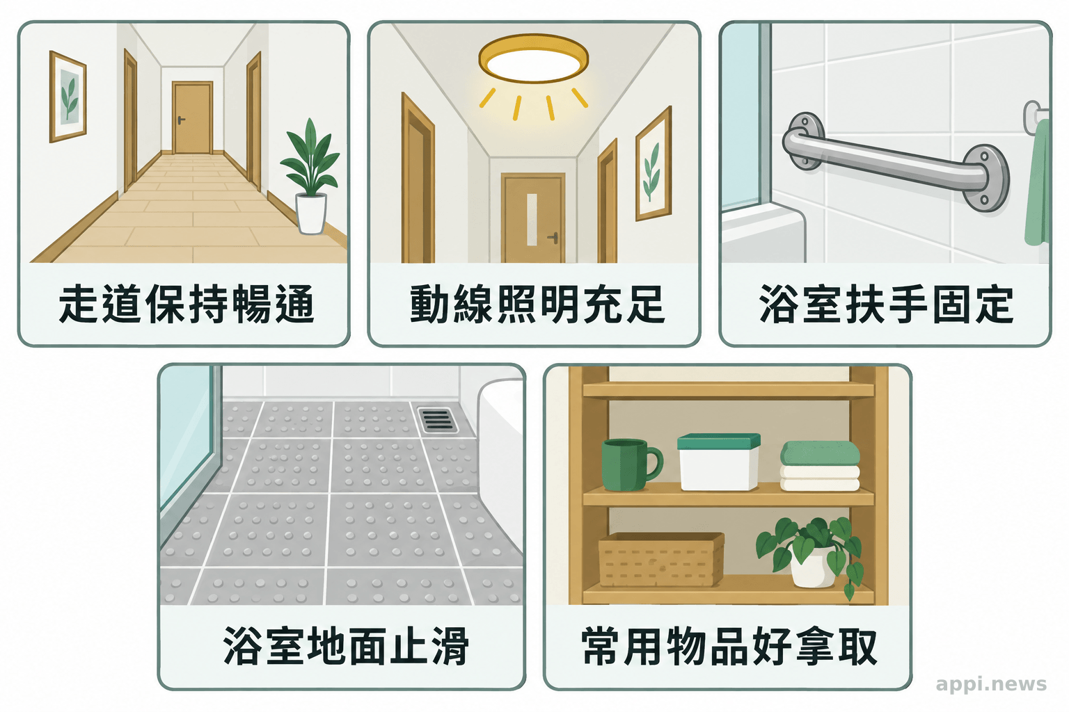 居家安全圖示並列呈現清空走道、加強照明、固定浴室扶手、使用止滑地面及把常用物品放在伸手可及處。