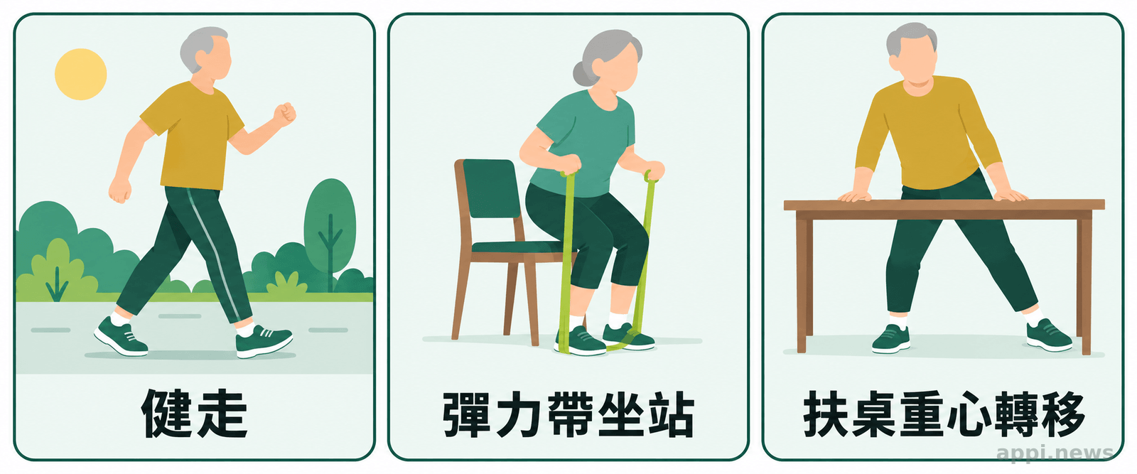 三個並列畫面呈現年長者健走、使用彈力帶坐站,以及扶著穩固桌面練習重心轉移