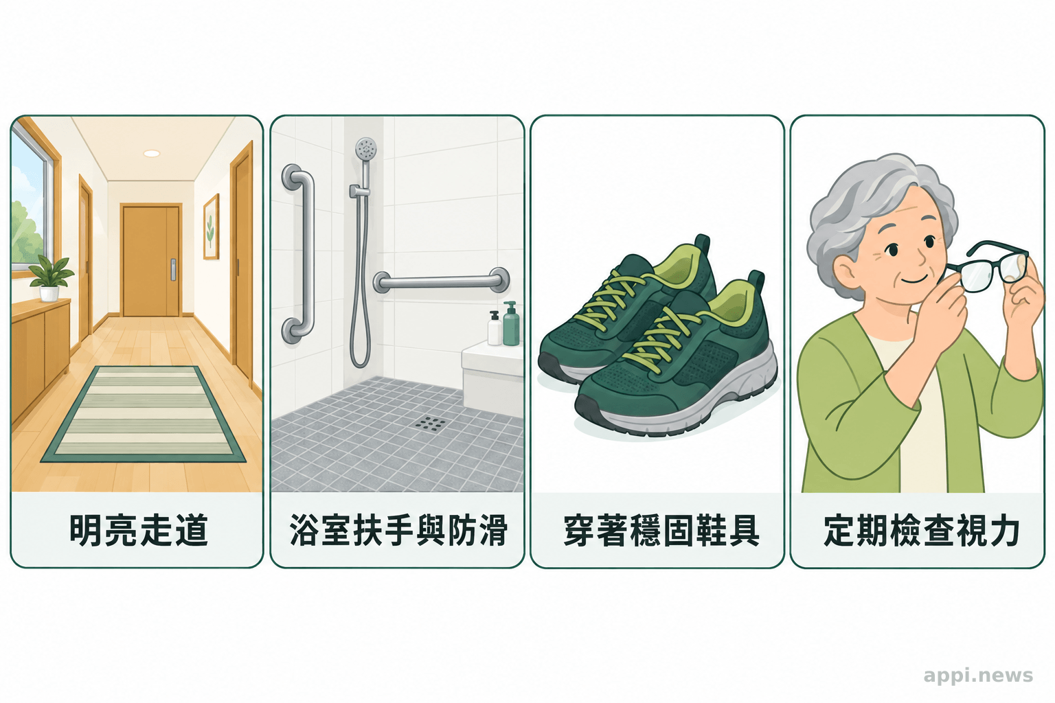 住家走道明亮且地毯固定，浴室設有扶手與防滑地面，旁邊可見穩固鞋子及年長者檢查眼鏡
