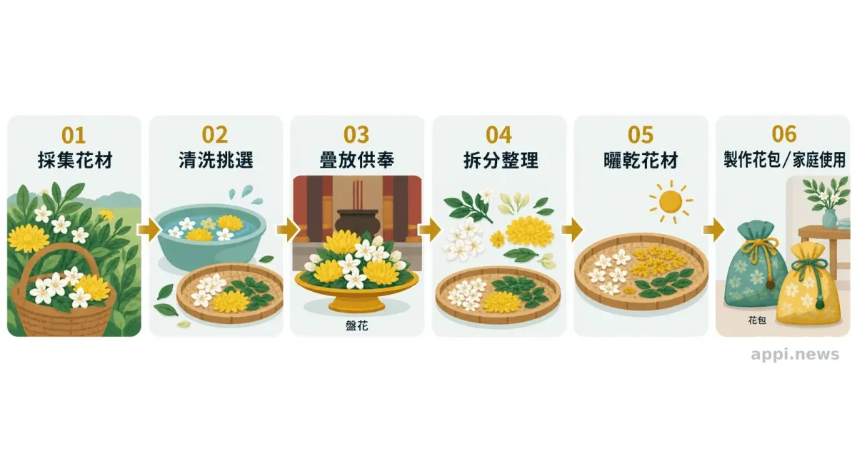 圖示呈現花材從採集、清洗與疊放供奉,到拆分曬乾並製成花包再利用的流程