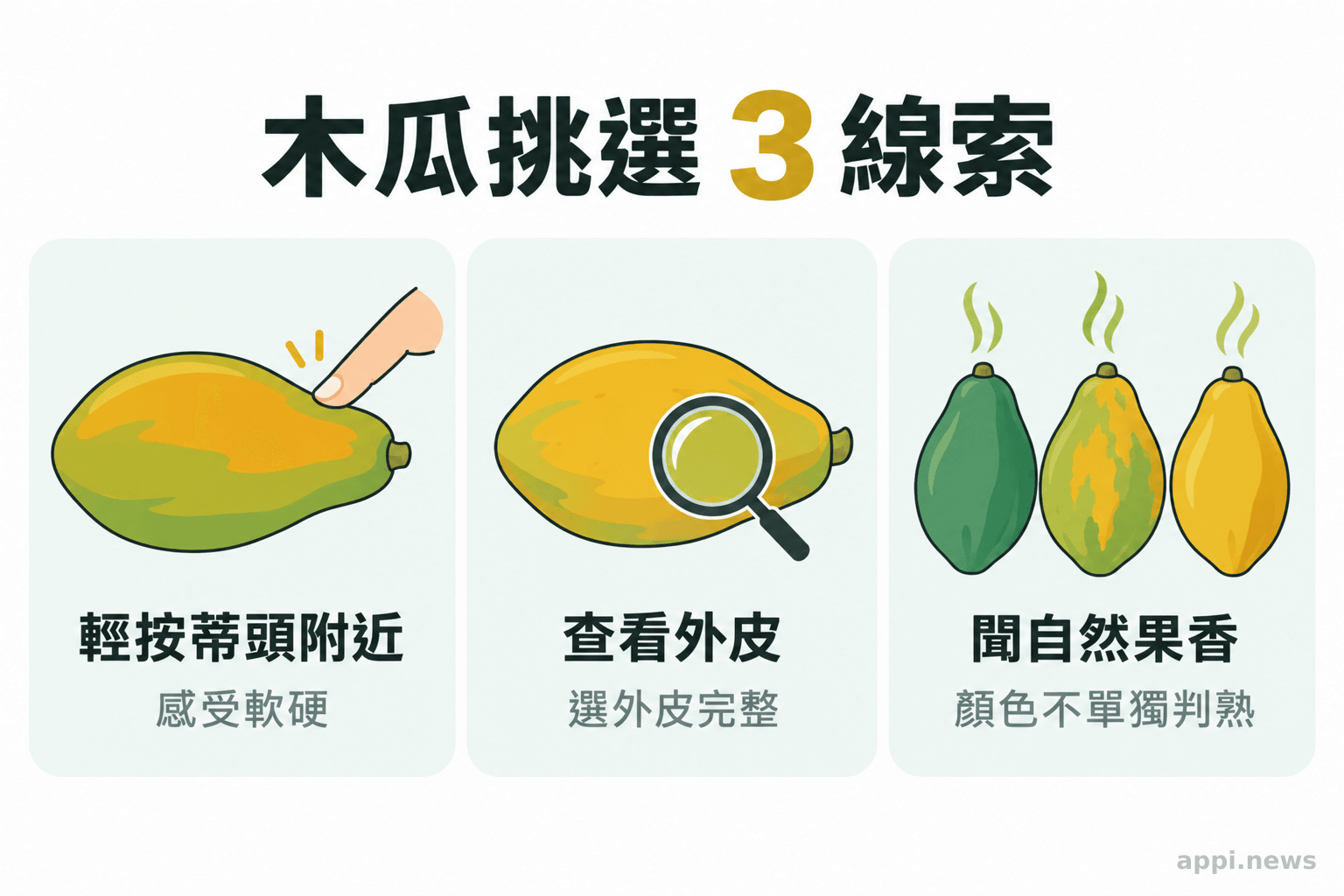 並排呈現手指輕按木瓜蒂頭附近、檢查完整外皮,以及不同顏色木瓜的挑選線索。
