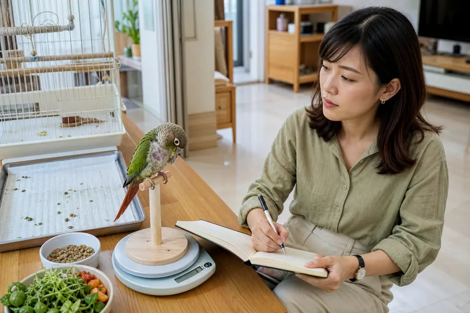 鸚鵡旁放著照護紀錄本、電子秤、飼料碗與排泄觀察區,呈現日常健康紀錄