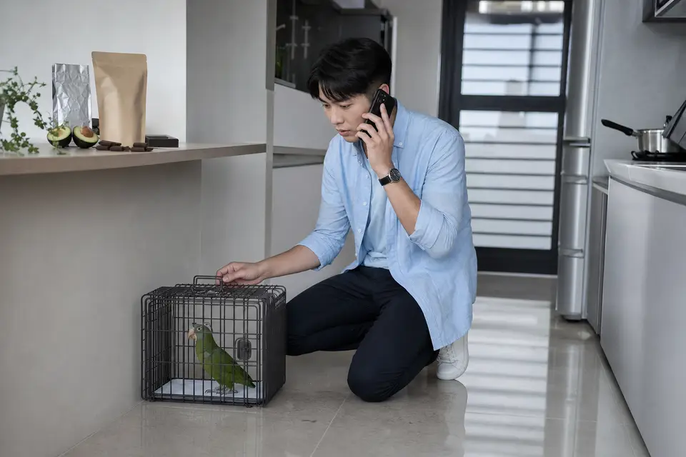 飼主將鸚鵡安置在運輸籠旁,手邊有食品包裝與手機,準備聯絡動物醫院