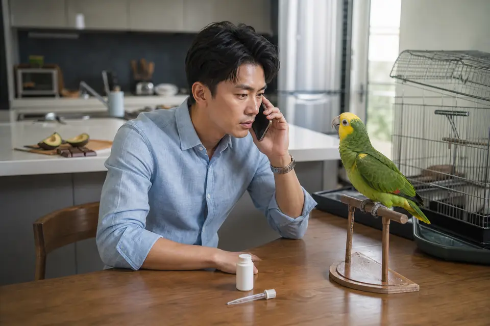 飼主在鸚鵡旁放下藥品與水滴管,改拿手機聯絡動物醫院的安全衛教場景