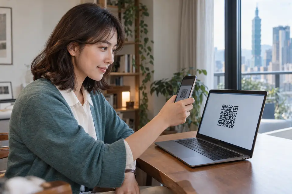 手機掃描筆電畫面上的 QR code,呈現跨裝置 passkey 登入