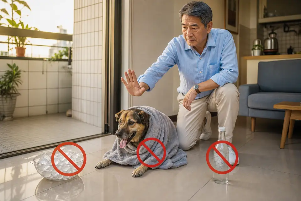 冰塊、濕毛巾整身包覆與酒精瓶旁打上禁止符號,呈現寵物中暑常見錯誤降溫方式
