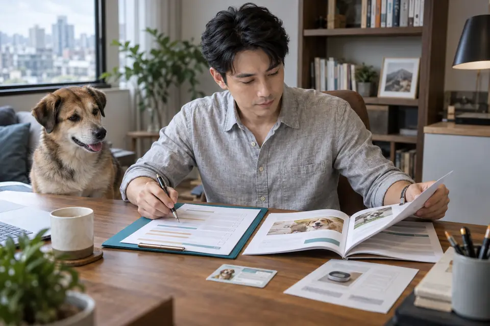 投保前先核對保障範圍與條款條件(示意圖) 桌上放著寵物保險條款、投保核對表與晶片登記資料