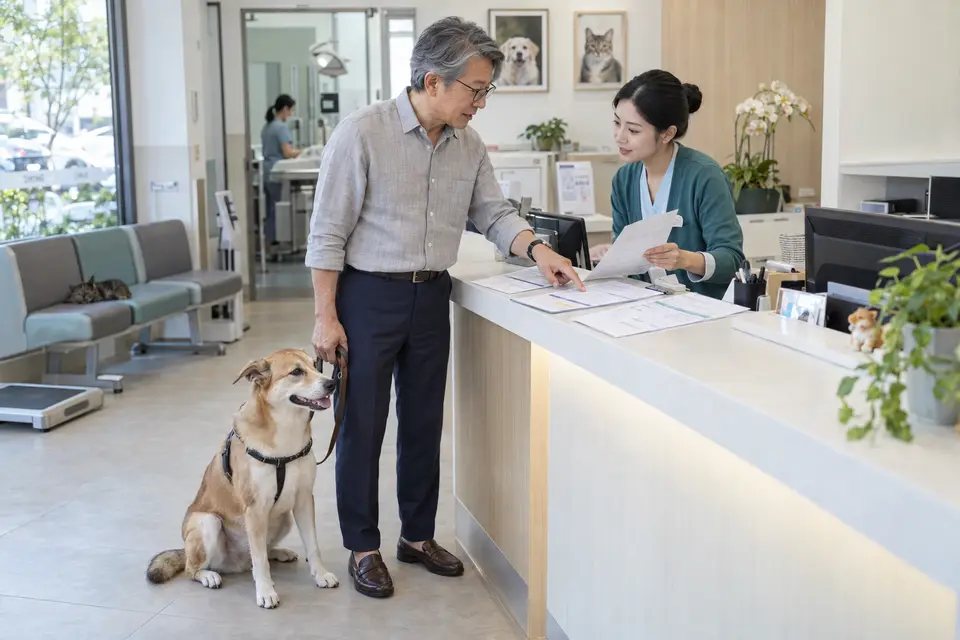 醫療費用、診斷文件與保單條件要一起核對(示意圖) 動物醫院櫃檯旁有犬隻、醫療費用明細與保單文件