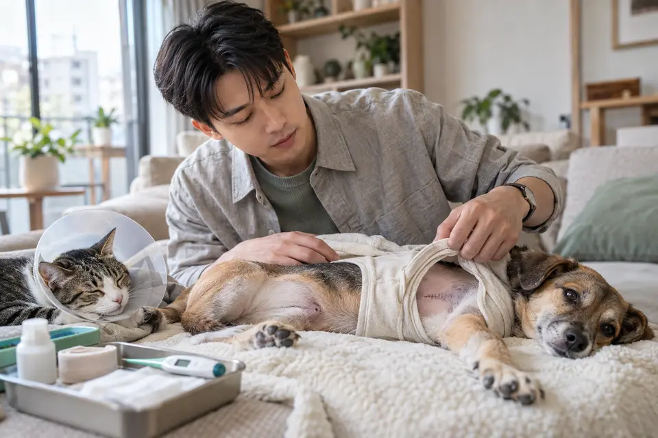 貓咪與狗狗在家中安靜休息，飼主觀察手術傷口並照顧牠們（示意圖）