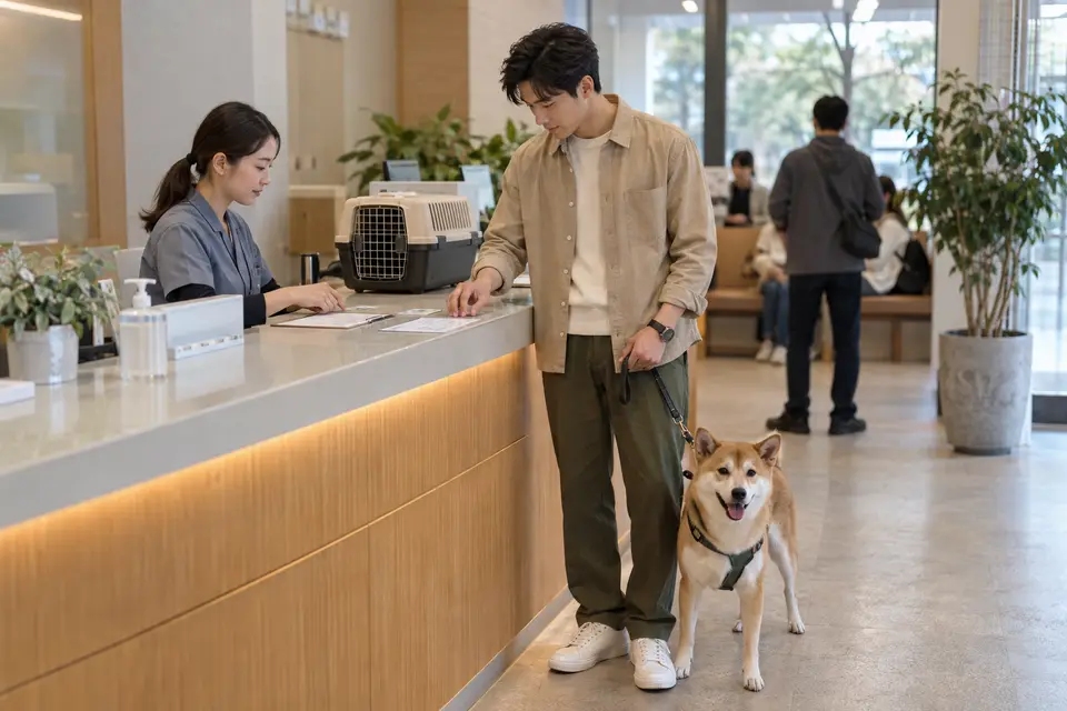 飼主依序準備身分證件、預申辦序號、犬貓與寵物登記證,呈現辦理流程(示意圖)