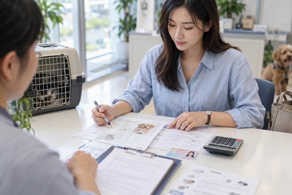 桌上放著寵物登記證、晶片費用說明與飼主身分證件,呈現辦理費用整理(示意圖)