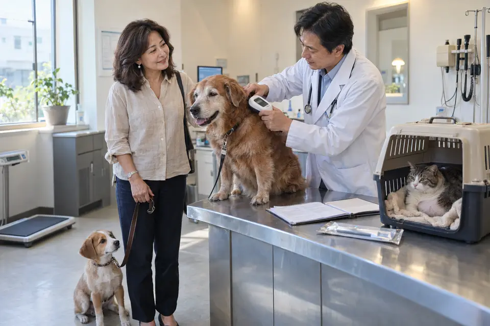 高齡犬、孕期貓與飼主在動物醫院由獸醫師評估後,再安排寵物登記(示意圖)