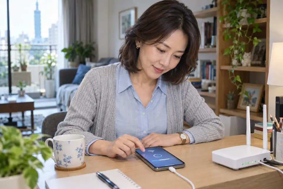 手機放在桌面上連接充電器，畫面顯示 Wi-Fi 與更新通知。