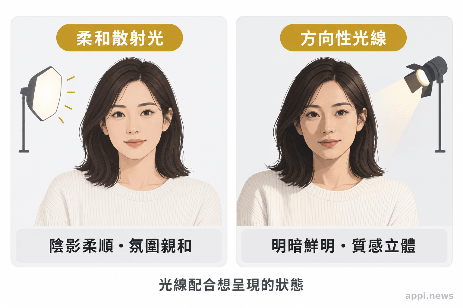 同一人物在柔和散射光與方向性較強的光線下呈現不同陰影與皮膚質感