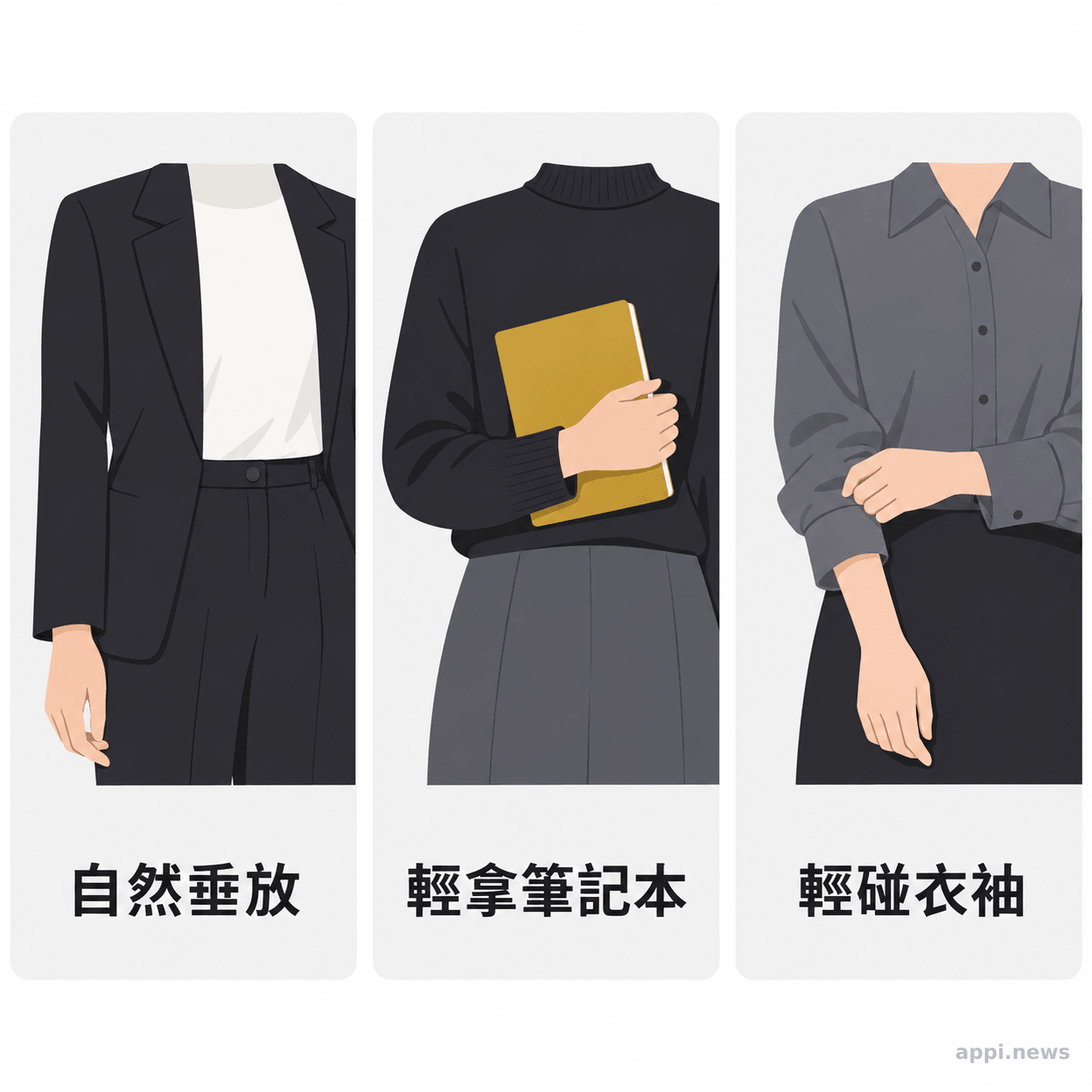 三格插圖分別呈現手臂自然垂放、輕拿筆記本與輕碰衣袖的姿勢。