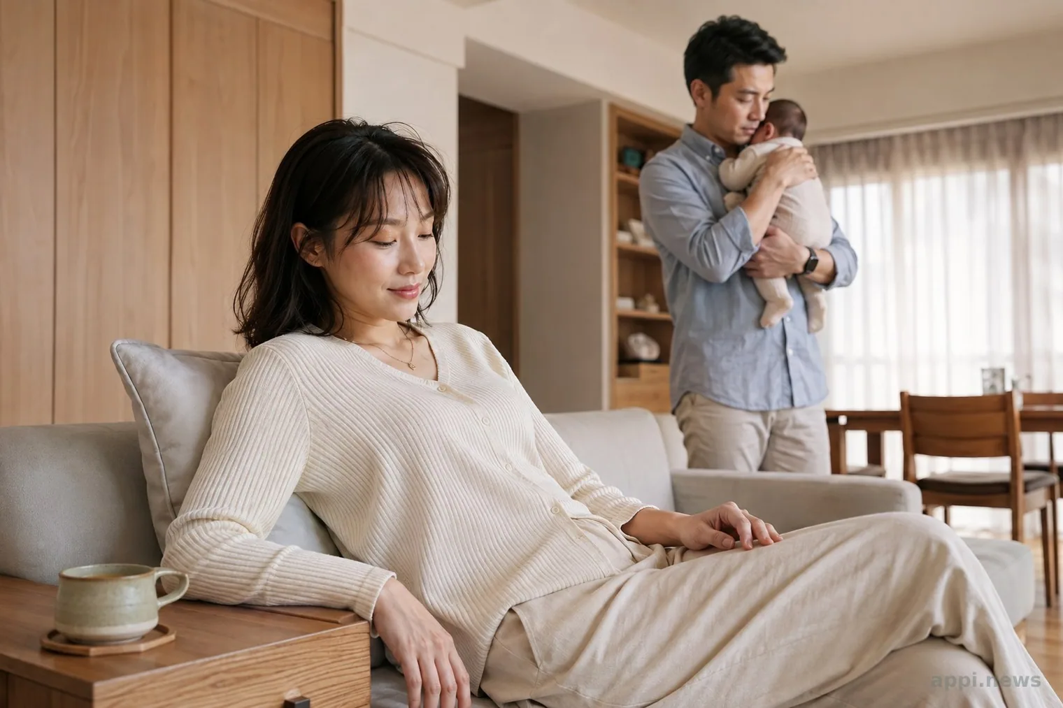 台灣居家客廳裡,伴侶抱著寶寶,產後媽媽在沙發上休息,旁邊放著一杯茶