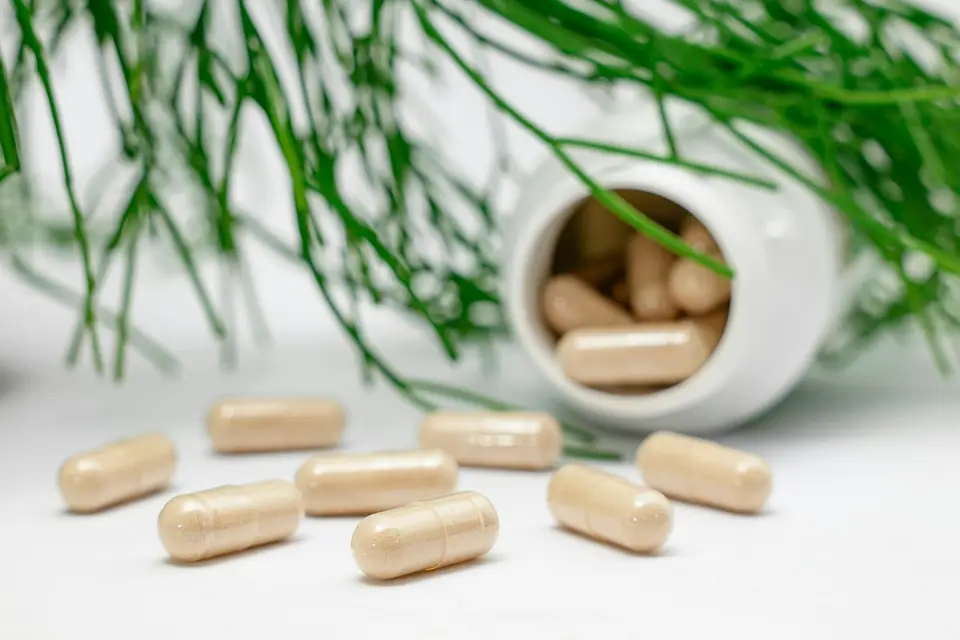 多個益生菌瓶罐與膠囊排列在桌面上，標籤欄位被放大檢視但不呈現可辨識品牌文字