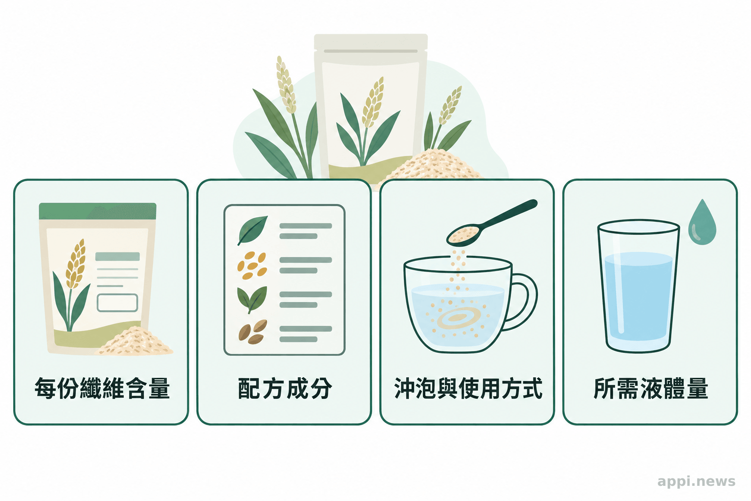四張核對卡片分別呈現每份纖維含量、配方成分、沖泡使用方式與所需液體量。