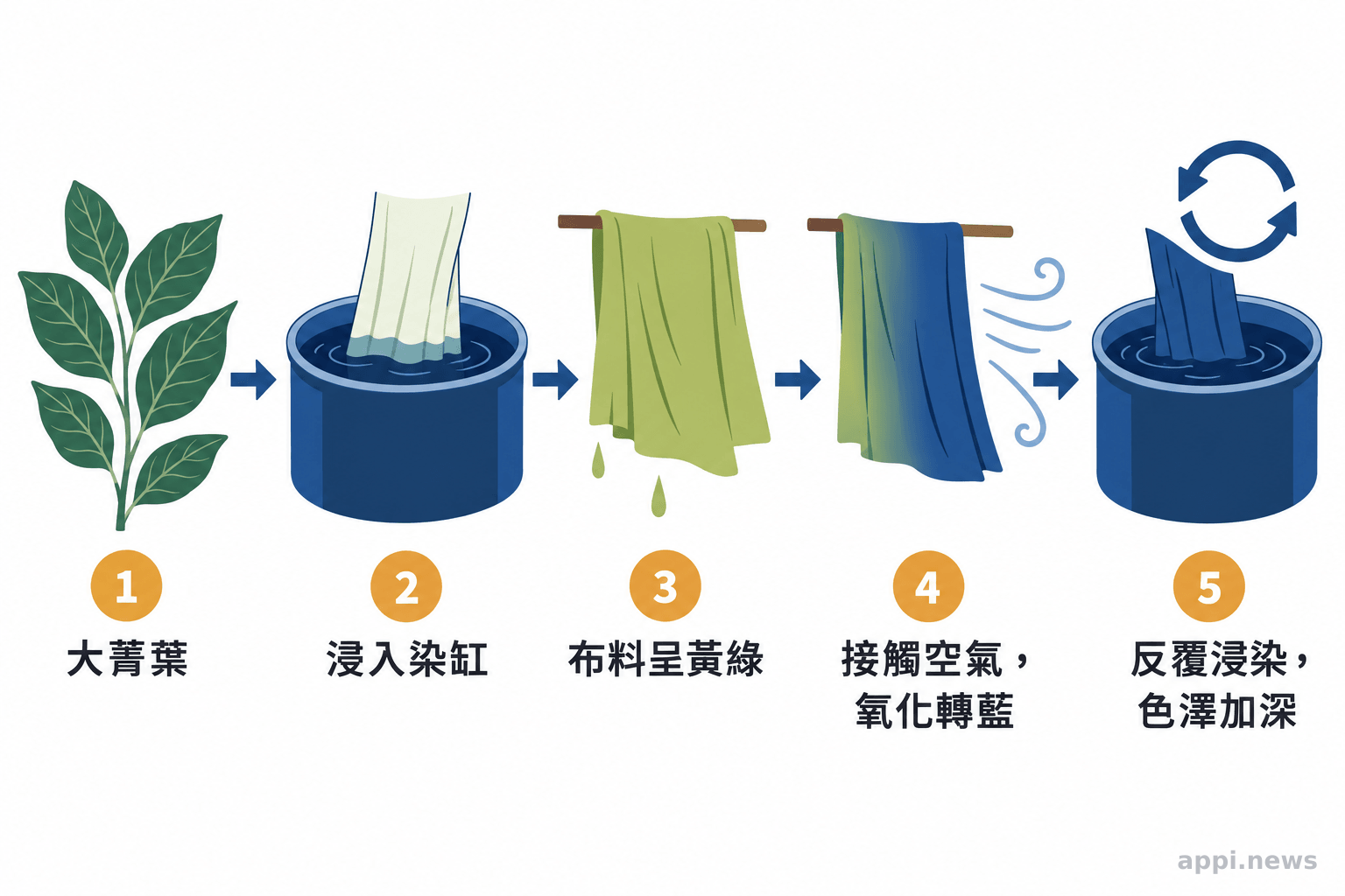 藍染布料浸染後接觸空氣氧化，再反覆浸染加深色澤的流程
