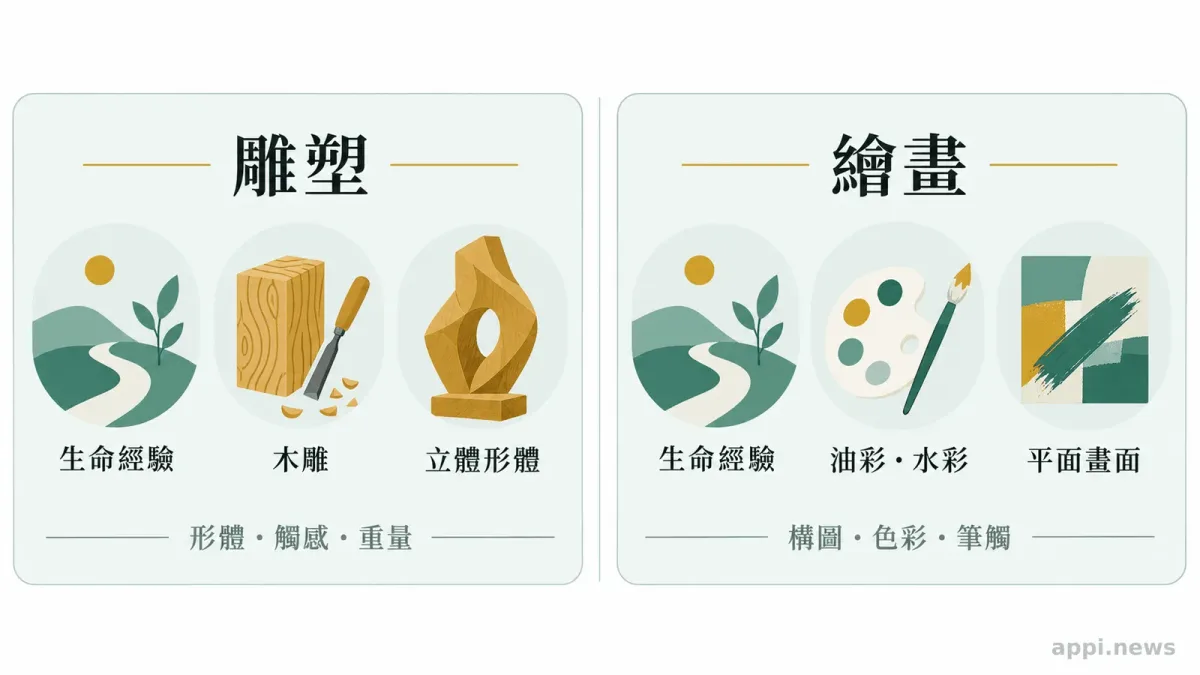 資訊圖以左右兩欄並列雕塑與繪畫,呈現生命經驗轉化為立體形體與平面畫面的不同路徑