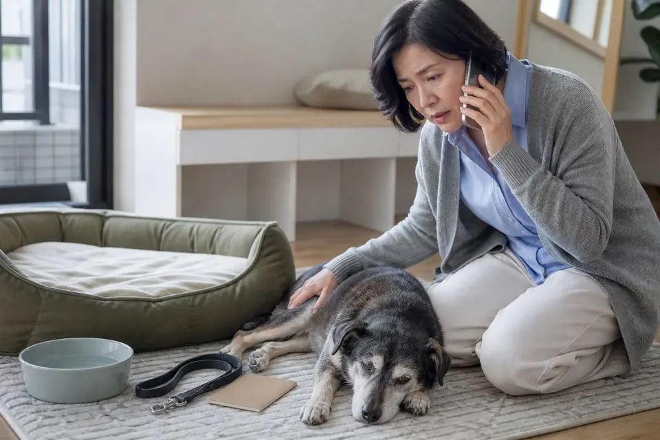 飼主查看高齡犬狀況並準備聯絡動物醫院,呈現急診警訊的處理情境(示意圖)