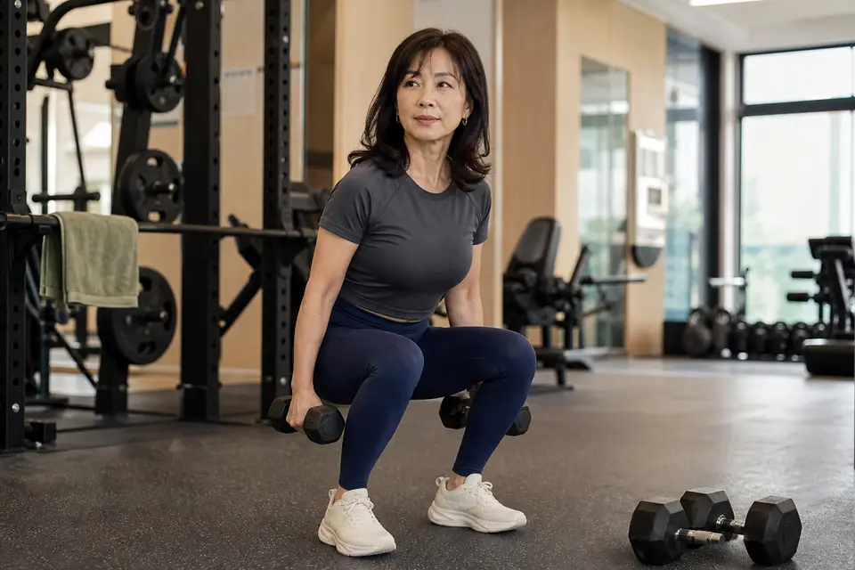 重量讓姿勢失控時,先減重並重新穩定動作(示意圖) 台灣女性教練在健身房示範以啞鈴控制深蹲姿勢,呈現重量訓練的動作修正情境