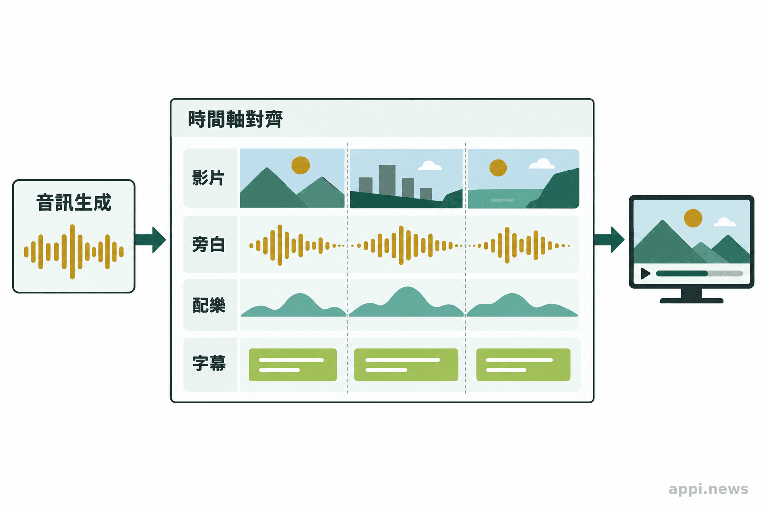短影音時間軸上，旁白、背景音樂與字幕分別排列並對齊畫面段落。