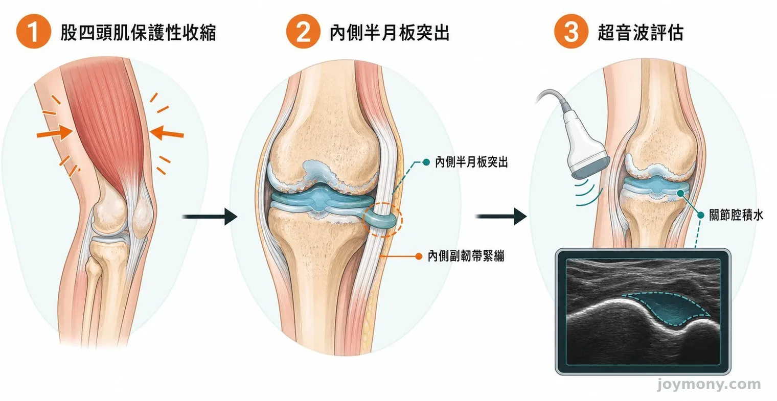 膝蓋腫痛五項分流訊號示意，包括外傷、時間、承重、紅熱與卡住