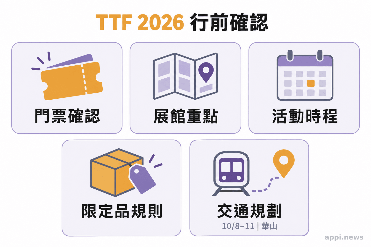 前往TTF 2026前的門票、場館、活動與交通確認清單