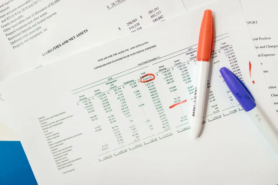 桌面上的財務檢核筆記、日曆、計算機與風險評估表