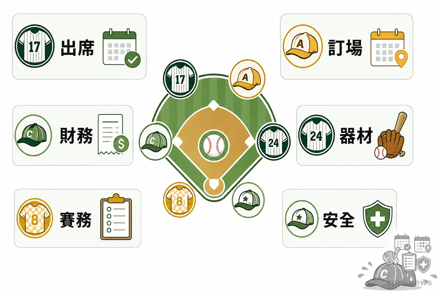 業餘棒球隊成員分別負責出席、訂場、財務、器材、賽務與安全工作的分工示意。