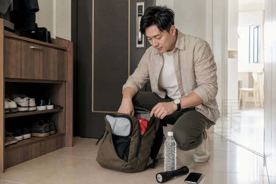 住家玄關旁放著緊急避難包、手電筒、飲水與家庭防災卡,呈現家庭地震準備。