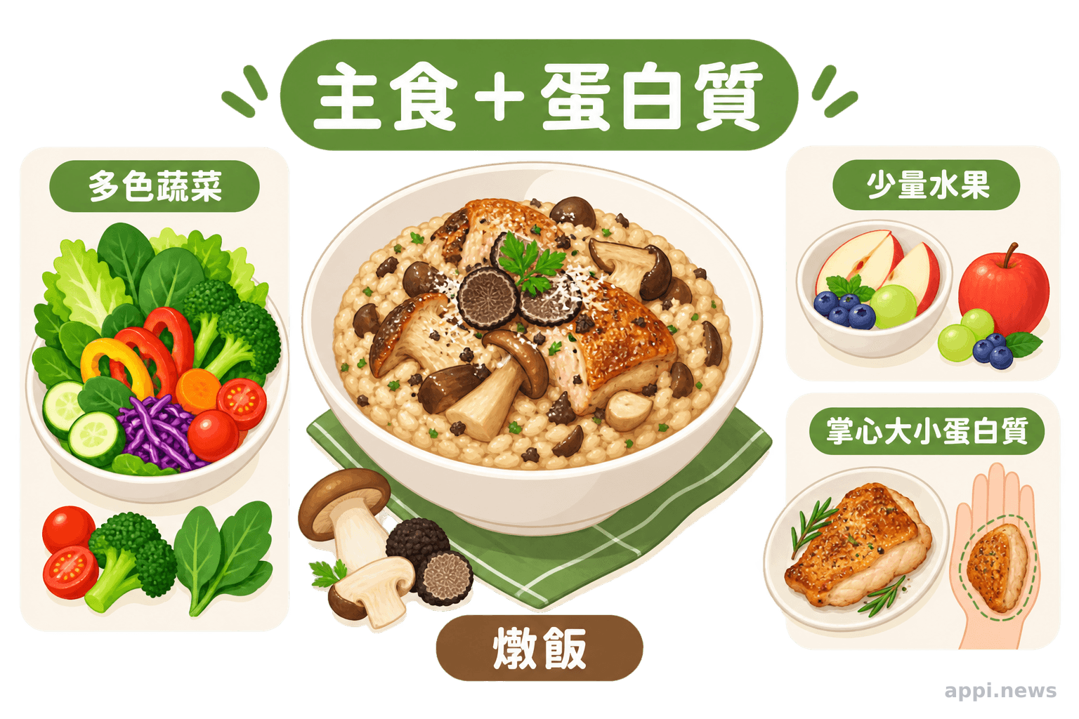 一盤松露牛肝蕈雞腿燉飯旁搭配多色蔬菜、少量水果與雞肉蛋白質來源,呈現均衡餐桌組合。