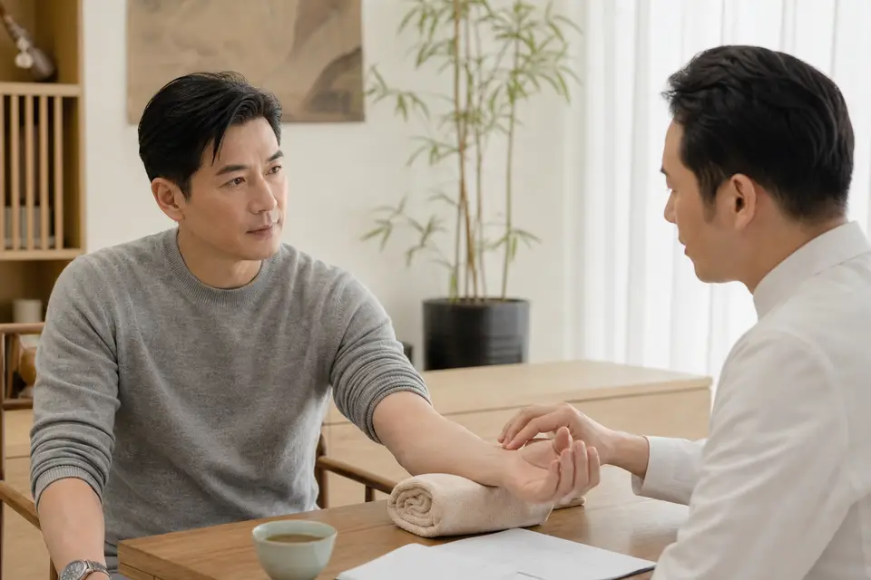 中醫師為患者把脈問診,評估體質與禁忌症(示意圖)