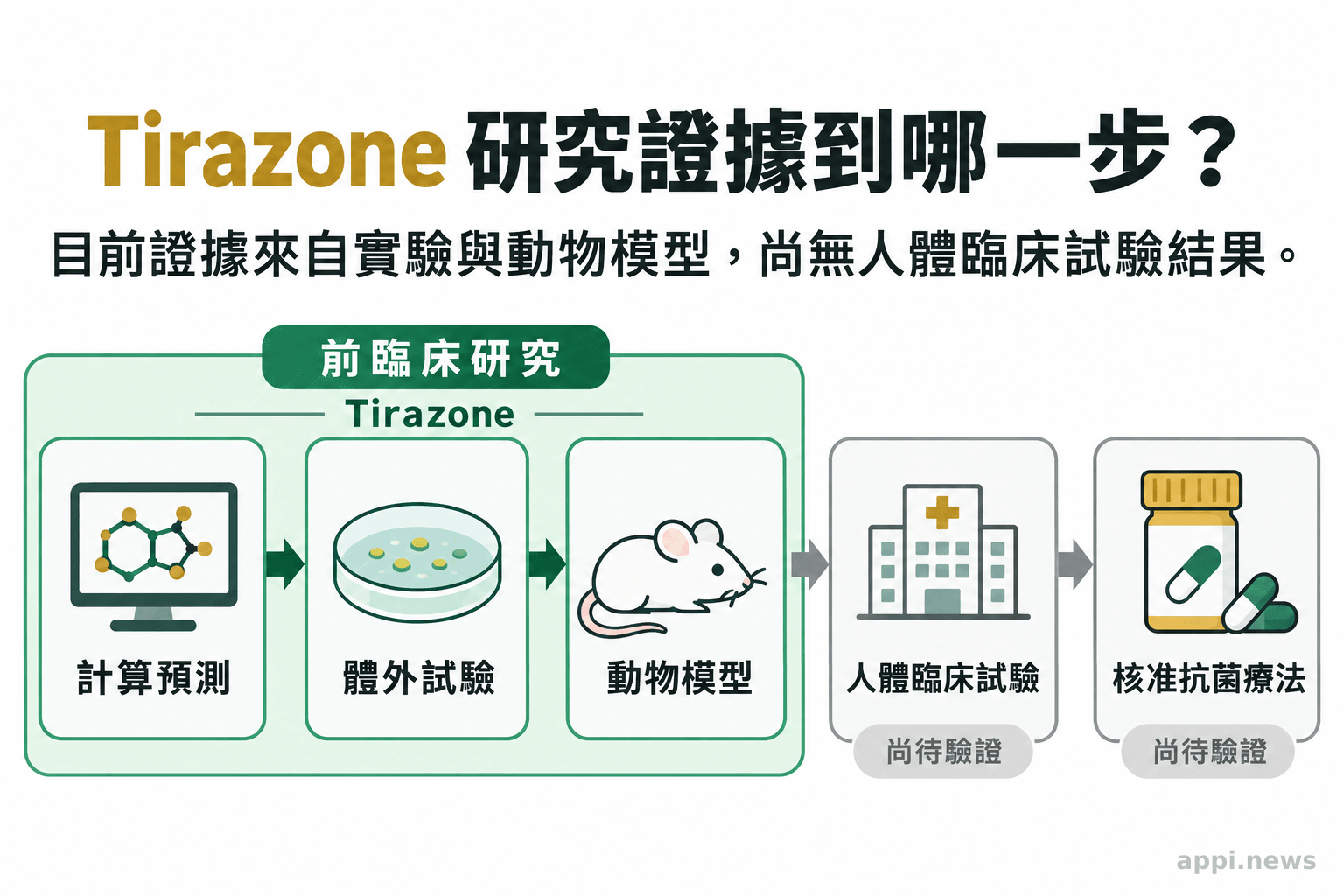 Tirazone 的證據尚停留在前臨床,人體療效與核准仍待驗證。 證據流程依序從計算預測、體外試驗、動物模型前進至人體臨床試驗與核准,前臨床階段標示 Tirazone 研究