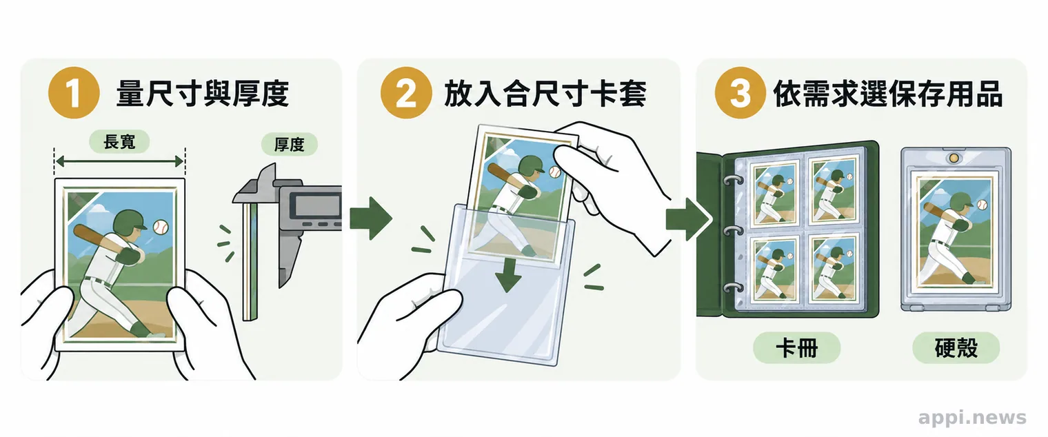 流程圖呈現量測球員卡尺寸與厚度、放入合尺寸卡套,再依需求選擇卡冊或硬殼